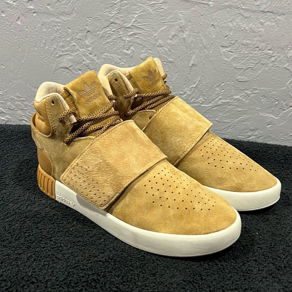 🔥🔥 Adidas Tubular Invader‎ Tan Suede Hi-Top Strap Sneaker Shoes Men Sz 6 - EUC